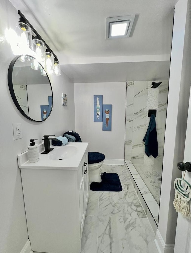 bathroom with vanity, baseboards, a walk in shower, toilet, and marble finish floor