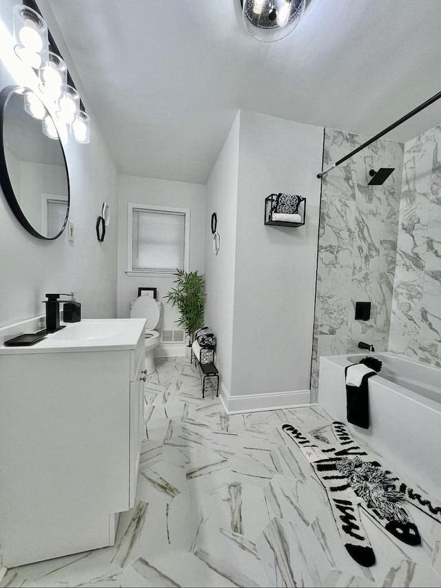 full bath featuring vanity, baseboards, shower / bath combination, toilet, and marble finish floor