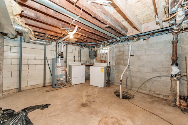 unfinished basement with gas water heater, electric panel, and washing machine and dryer