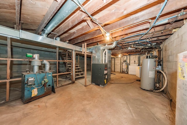 unfinished below grade area with gas water heater and heating unit