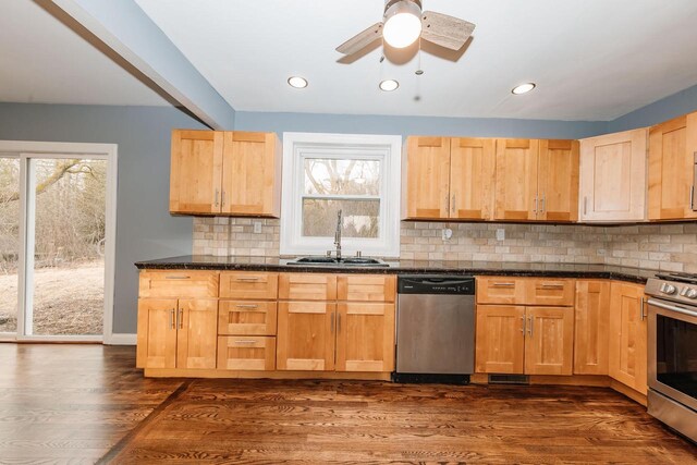 kitchen with a ceiling fan, a sink, decorative backsplash, dark wood-type flooring, and appliances with stainless steel finishes