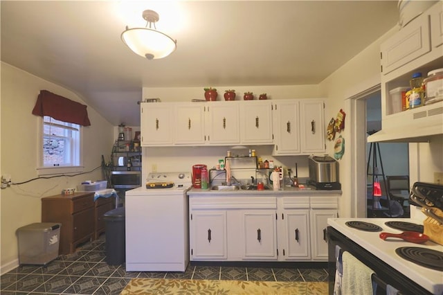 kitchen with light countertops, electric stove, white cabinets, washer / clothes dryer, and a sink