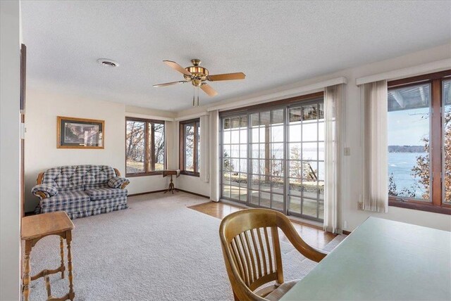 interior space featuring a ceiling fan, visible vents, baseboards, a textured ceiling, and carpet flooring