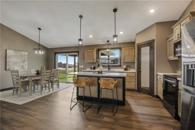 3557 114th St, Chippewa Falls, WI 54729 - kitchen featuring a center island, a sink, dark wood finished floors, vaulted ceiling, and appliances with stainless steel finishes