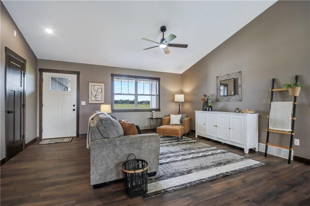 3557 114th St, Chippewa Falls, WI 54729 - living area with recessed lighting, dark wood finished floors, vaulted ceiling, baseboards, and ceiling fan