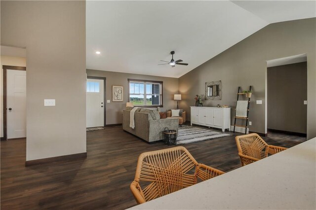 3557 114th St, Chippewa Falls, WI 54729 - living area featuring baseboards, recessed lighting, a ceiling fan, high vaulted ceiling, and dark wood-type flooring