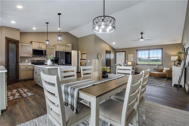 3557 114th St, Chippewa Falls, WI 54729 - dining room with recessed lighting, lofted ceiling, dark wood-type flooring, and ceiling fan with notable chandelier