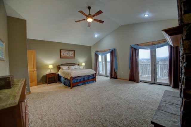 bedroom featuring light carpet, access to outside, baseboards, ceiling fan, and vaulted ceiling