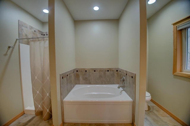 bathroom featuring a shower with curtain, a bath, baseboards, recessed lighting, and toilet