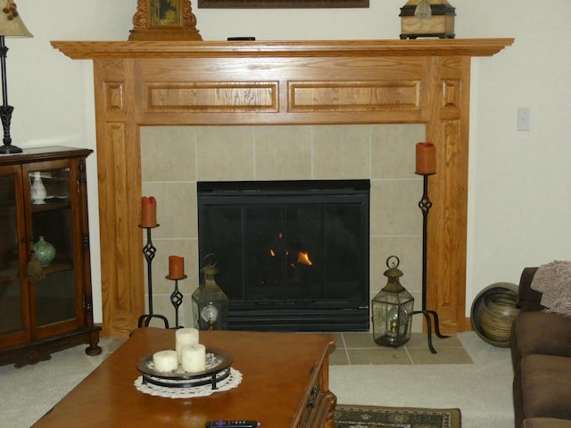 room details with a tile fireplace