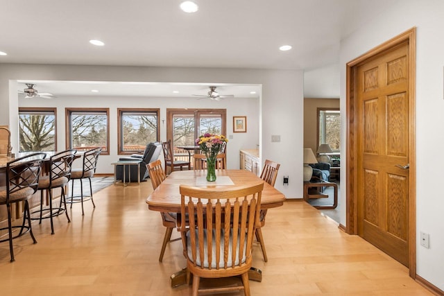 dining area with recessed lighting, ceiling fan, and light wood finished floors