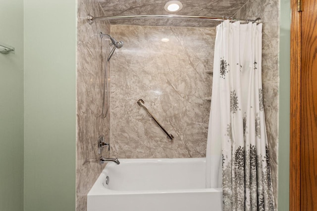 full bath featuring shower / bathtub combination with curtain