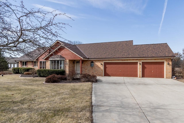 ranch-style home with brick siding, a shingled roof, a front lawn, concrete driveway, and an attached garage