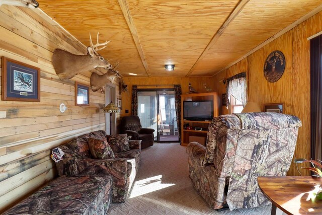 523 State Highway 73, Nekoosa, WI 54457 - living room featuring wooden ceiling, carpet flooring, and wood walls