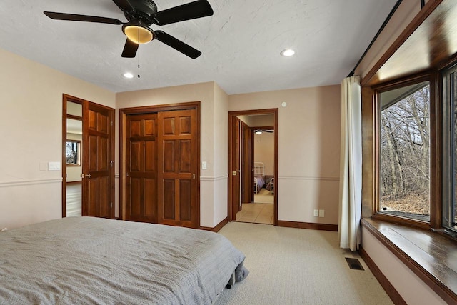 2842 Moelter Dr, Lake Geneva, WI 53147 - bedroom featuring visible vents, baseboards, ceiling fan, light colored carpet, and recessed lighting