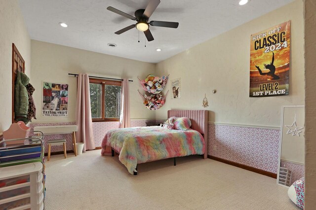 2842 Moelter Dr, Lake Geneva, WI 53147 - carpeted bedroom featuring visible vents, wallpapered walls, a wainscoted wall, recessed lighting, and a ceiling fan