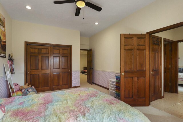 2842 Moelter Dr, Lake Geneva, WI 53147 - tiled bedroom featuring a closet, a wainscoted wall, recessed lighting, and ceiling fan