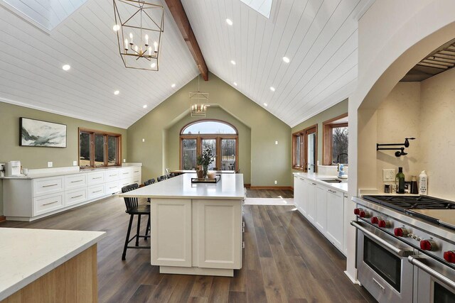 2842 Moelter Dr, Lake Geneva, WI 53147 - kitchen with luxury range, vaulted ceiling with skylight, dark wood-type flooring, and a kitchen island