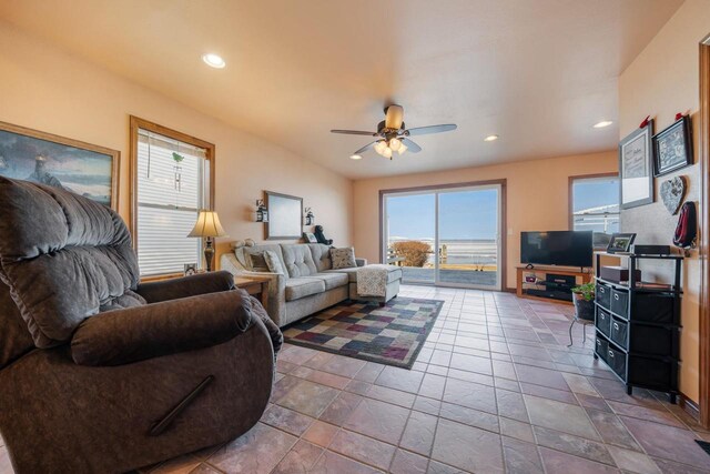 living room with recessed lighting and ceiling fan
