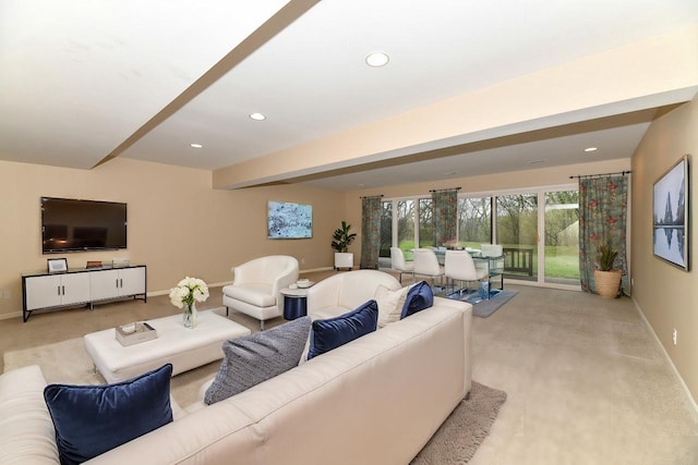 living room with recessed lighting, beamed ceiling, and baseboards