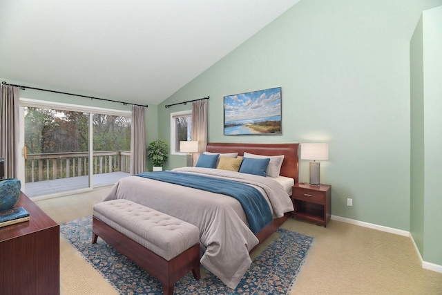 bedroom featuring baseboards, light colored carpet, access to exterior, and high vaulted ceiling