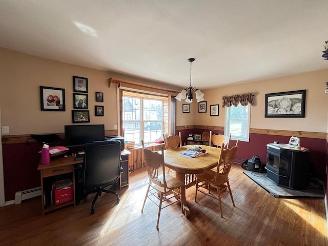 dining area featuring baseboard heating, wainscoting, a wood stove, and wood finished floors