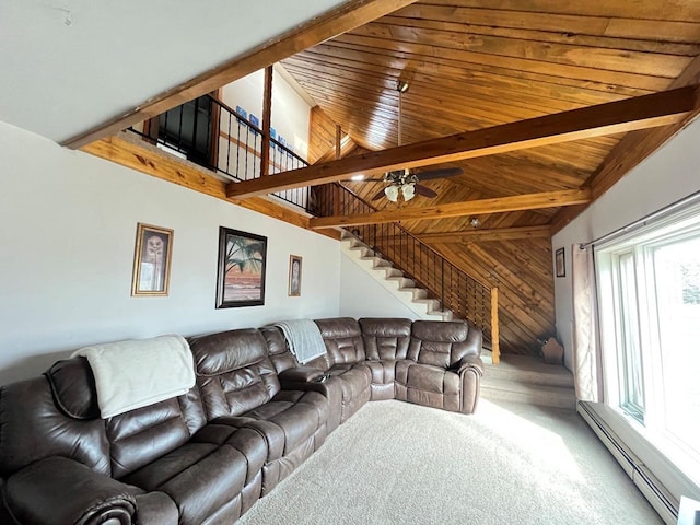 living area with vaulted ceiling with beams, a baseboard heating unit, stairs, carpet flooring, and wooden ceiling