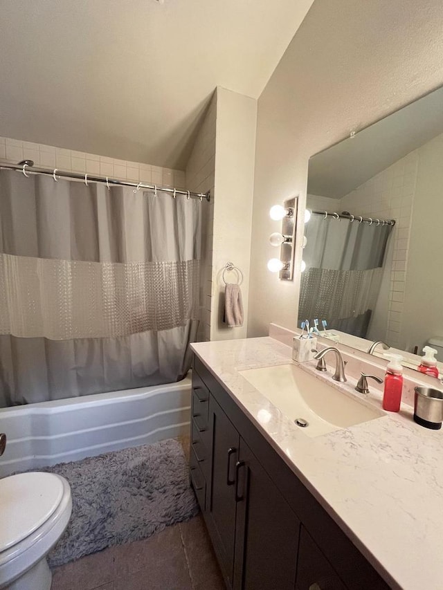 full bathroom with tile patterned flooring, toilet, lofted ceiling, shower / bath combination with curtain, and vanity