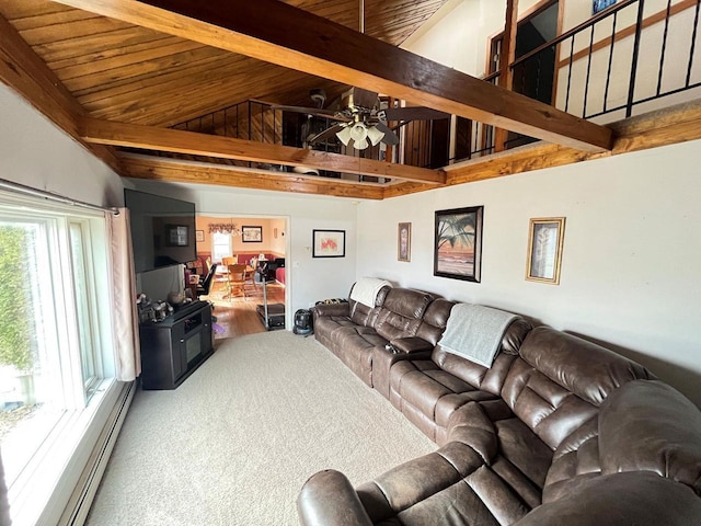 carpeted living area with a ceiling fan, beam ceiling, a healthy amount of sunlight, and baseboard heating