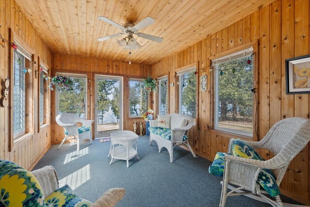 37 E Shore Dr, Random Lake, WI 53075 - sunroom featuring wood ceiling and a ceiling fan