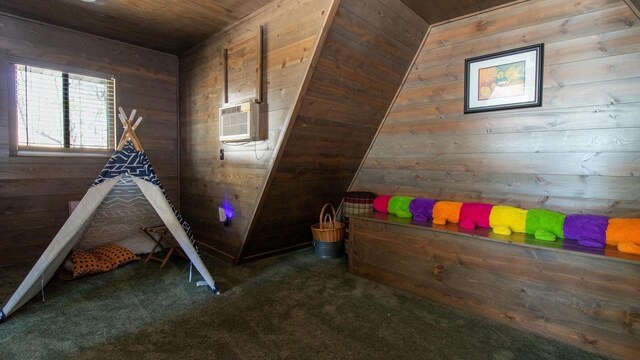 204629 Lake Dr, Rosholt, WI 54473 - game room with wood ceiling, wooden walls, cooling unit, and carpet