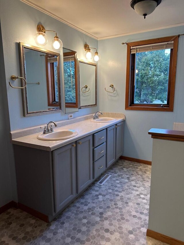 20530 84th Pl, Bristol, WI 53104 - full bathroom featuring double vanity, ornamental molding, baseboards, and a sink