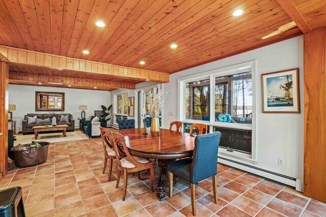 tiled dining space with wood ceiling, a baseboard heating unit, and recessed lighting