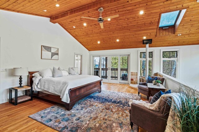 bedroom featuring high vaulted ceiling, wood ceiling, wood finished floors, a skylight, and access to outside