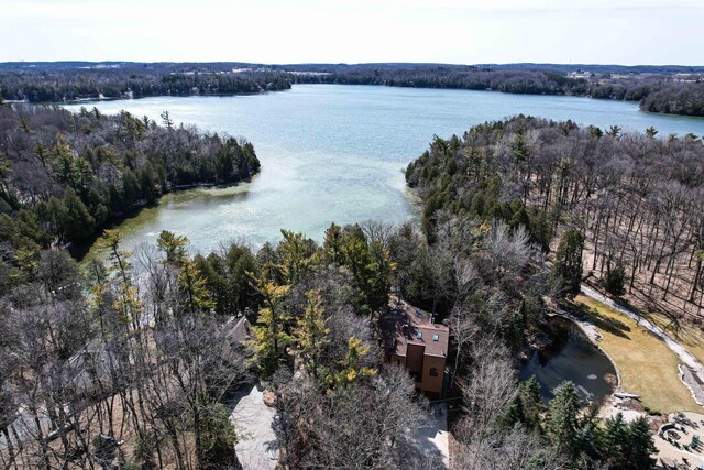 birds eye view of property featuring a water view and a view of trees