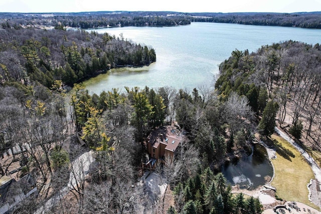 aerial view featuring a wooded view and a water view