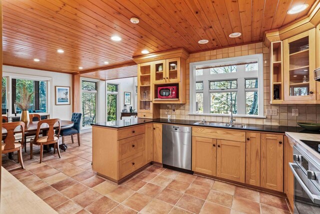 kitchen with a sink, backsplash, a peninsula, and stainless steel appliances