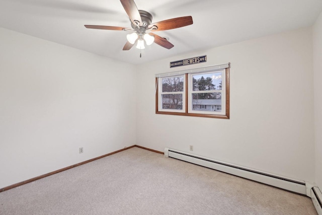 5607 Alben Ave, Mcfarland, WI 53558 - empty room featuring light colored carpet, baseboards, ceiling fan, and a baseboard radiator