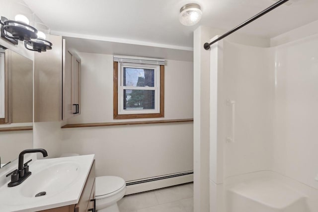 5607 Alben Ave, Mcfarland, WI 53558 - bathroom featuring toilet, tile patterned floors, vanity, a shower, and a baseboard radiator