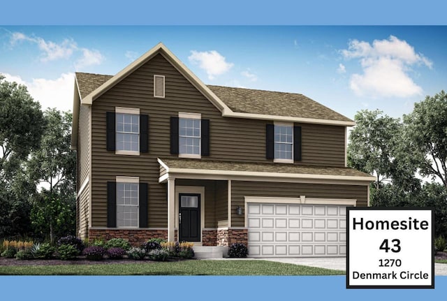 view of front of property with concrete driveway, an attached garage, stone siding, and a shingled roof