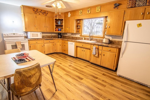 W9404 Porter Dr Unit W9408, Cambridge, WI 53523 - kitchen featuring light wood finished floors, open shelves, ceiling fan, white appliances, and a sink