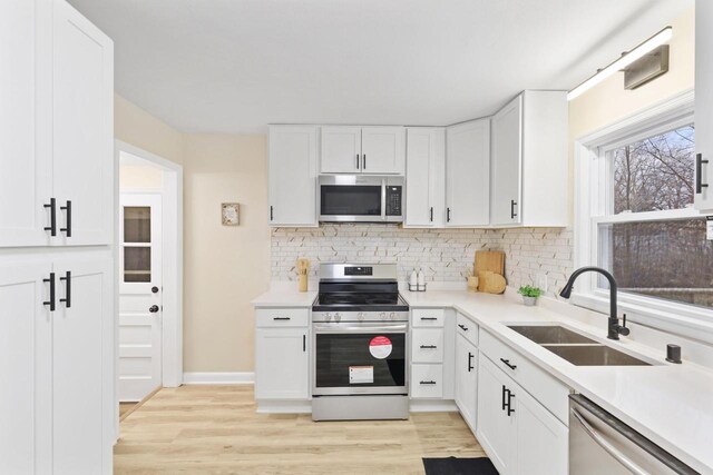 kitchen with light wood-style flooring, a sink, decorative backsplash, white cabinets, and appliances with stainless steel finishes