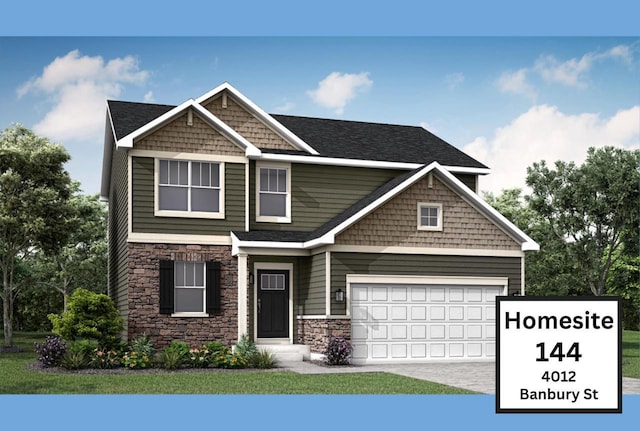 view of front of home featuring stone siding, driveway, a shingled roof, and an attached garage