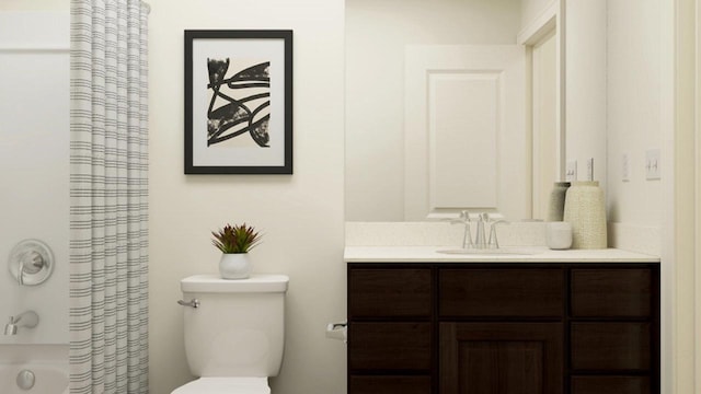 bathroom featuring shower / bath combo with shower curtain, toilet, and vanity