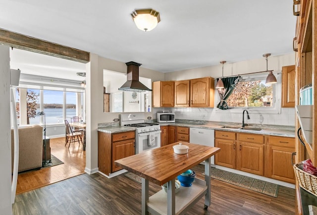 E13609 Idlewild Rd, Merrimac, WI 53561 - kitchen featuring light countertops, white appliances, a sink, dark wood-style floors, and ventilation hood