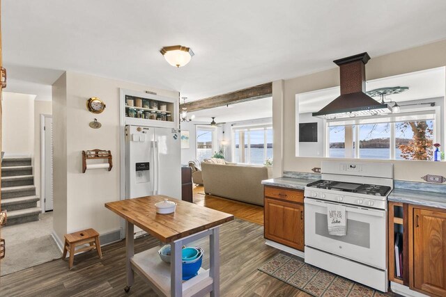 E13609 Idlewild Rd, Merrimac, WI 53561 - kitchen featuring dark wood-type flooring, island range hood, brown cabinetry, and white appliances