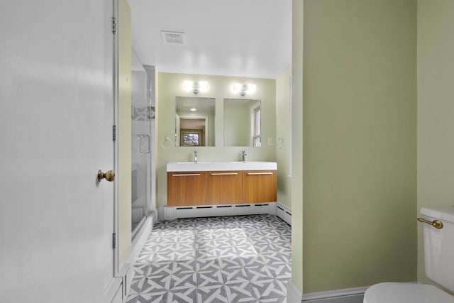 1203 Hewitt St, Neenah, WI 54956 - full bathroom with visible vents, toilet, a sink, a shower stall, and a baseboard radiator
