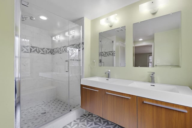 1203 Hewitt St, Neenah, WI 54956 - full bathroom featuring a shower stall, double vanity, visible vents, and a sink