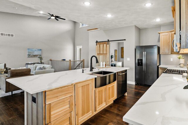 3814 W Fieldwood Dr, Janesville, WI 53545 - kitchen featuring light brown cabinetry, visible vents, appliances with stainless steel finishes, and a sink