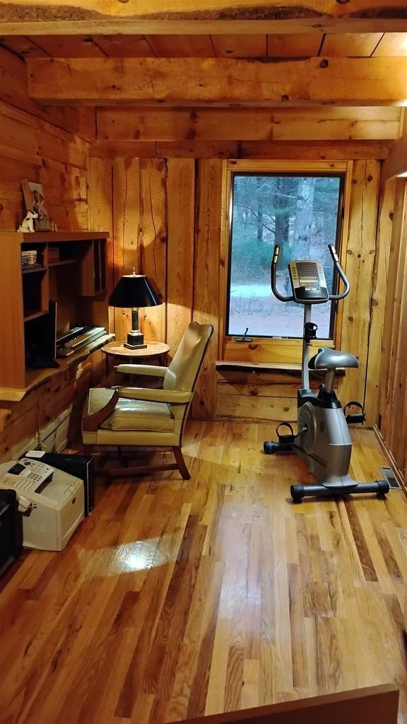 N4774 11th Dr, Montello, WI 53949 - exercise room with light wood-style floors and wooden walls